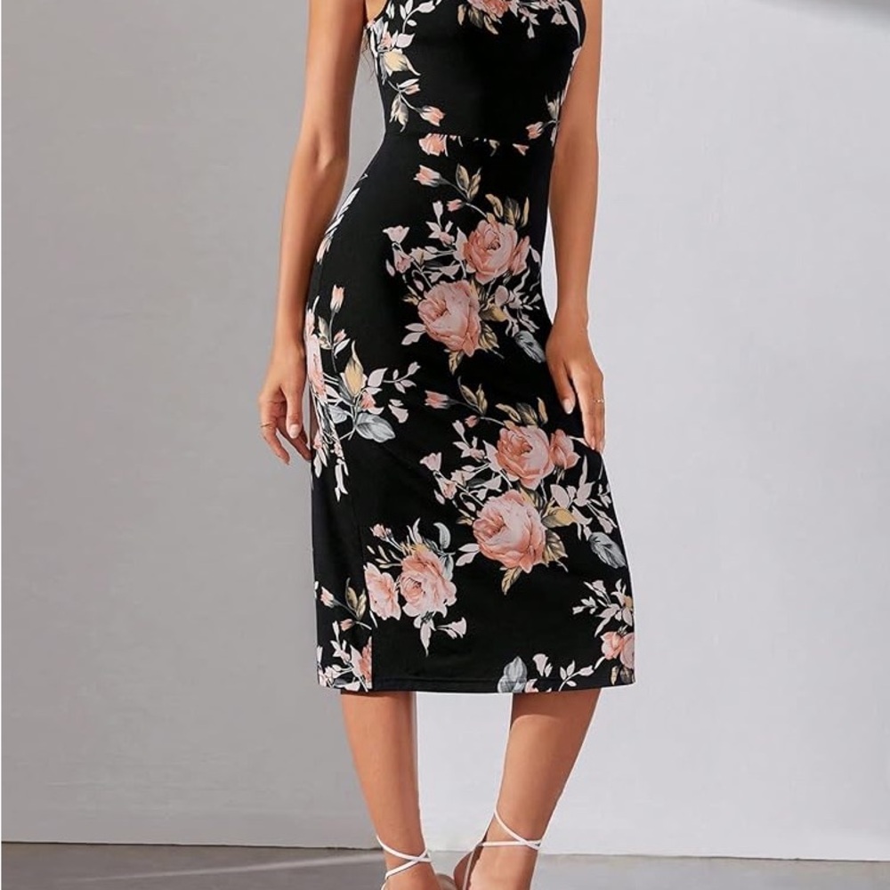 SHEIN Black Midi Dress with Pink Rose Print
